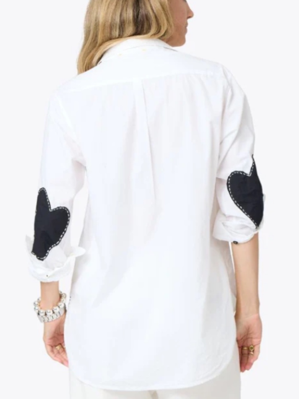 Kerri Rosenthal Mia White Shirt Button-Front Blouse Black Heart Elbow Patches XL - Picture 6 of 14